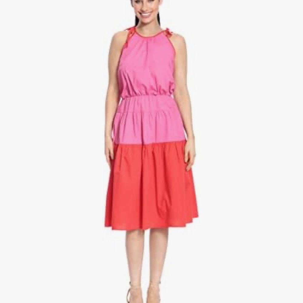 London Times Pink and Red Midi Dress
